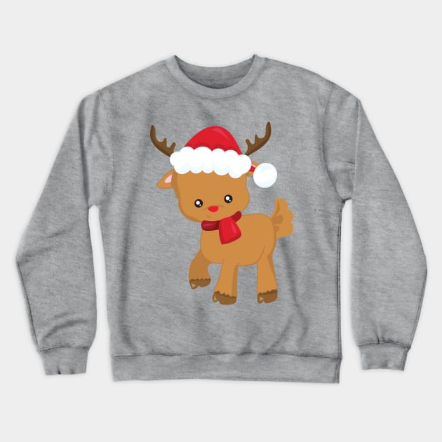 Christmas Reindeer, Red Nose, Santa Hat, New Year Crewneck Sweatshirt by Jelena Dunčević